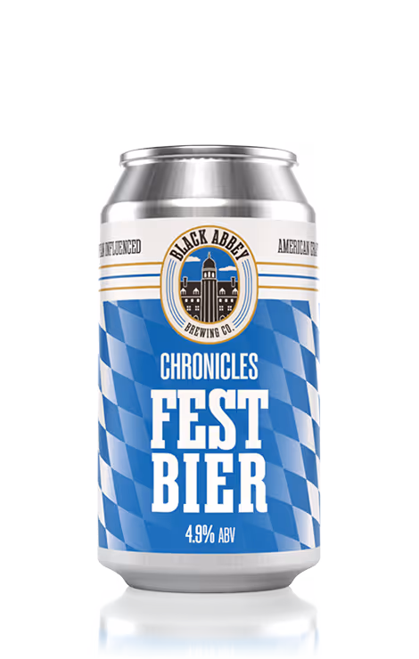 Silver can of Black Abbey Brewing Co. Chronicles Fest Bier with blue and white diamond pattern and 4.9% ABV.