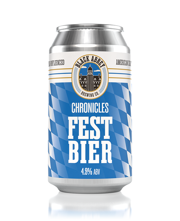 Silver can of Black Abbey Brewing Co. Chronicles Fest Bier with blue and white diamond pattern and 4.9% ABV.