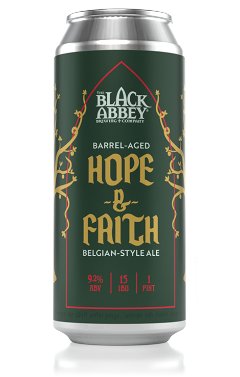 Can of Black Abbey Brewing Co. Krampus Pacht barrel-aged beer with illustration of horned Krampus holding a beer mug and bundle of sticks.