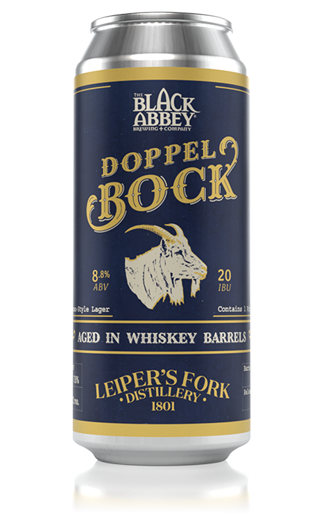 Can of Black Abbey Brewing Co. Barrel-Aged Oatmeal Stout with 7.9% ABV, aged in barrels from Blue Note.