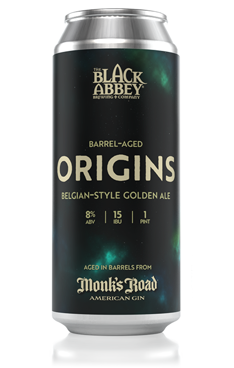 Can of Black Abbey Brewing Co. Krampus Pacht barrel-aged beer with illustration of horned Krampus holding a beer mug and bundle of sticks.