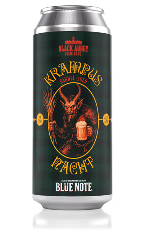 Can of Black Abbey Brewing Co.'s Krampus Pacht barrel-aged beer featuring an illustration of a horned Krampus holding a beer and a bundle of sticks.