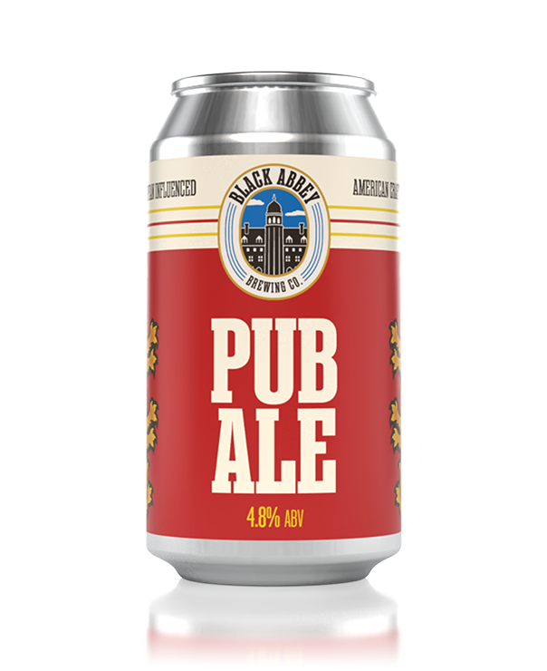 Can of Black Abbey Brewing Co. Pub Ale with 4.8% ABV and red and beige label featuring a building logo.