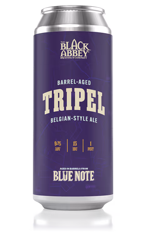 Silver can with purple label of The Black Abbey barrel-aged Tripel Belgian-style ale, 9.2% ABV, 15 IBU, 1 pint, aged in Blue Note barrels.