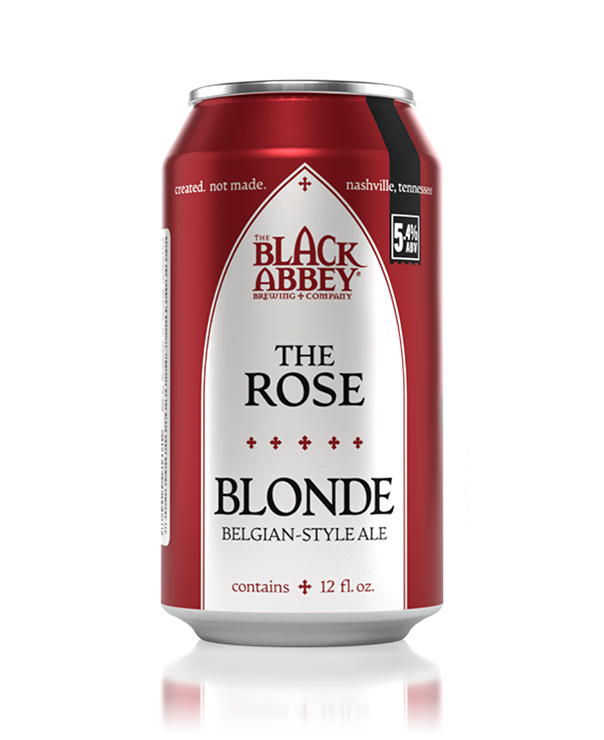 Red and white can of The Rose Blonde Belgian-style ale by The Black Abbey Brewing Company with 5.4% ABV and 12 fl. oz. volume.