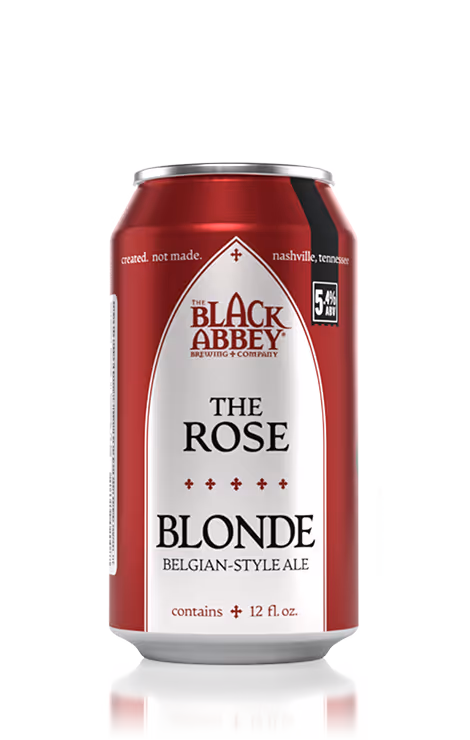 Red and white can of The Rose Blonde Belgian-style ale by The Black Abbey Brewing Company with 5.4% ABV and 12 fl. oz. volume.