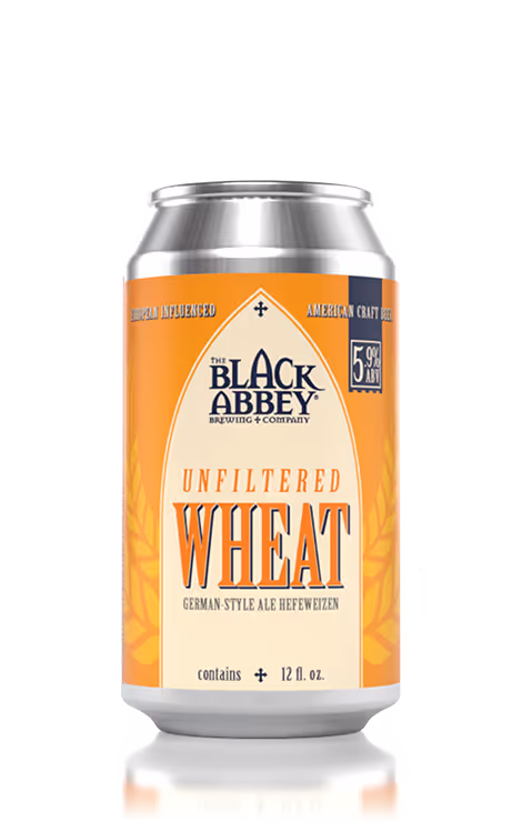 Can of The Black Abbey Brewing Company's Unfiltered Wheat German Style Ale Hefeweizen, 5.9% ABV, 12 fl. oz.