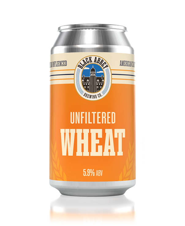 Can of The Black Abbey Brewing Company's Unfiltered Wheat German Style Ale Hefeweizen, 5.9% ABV, 12 fl. oz.