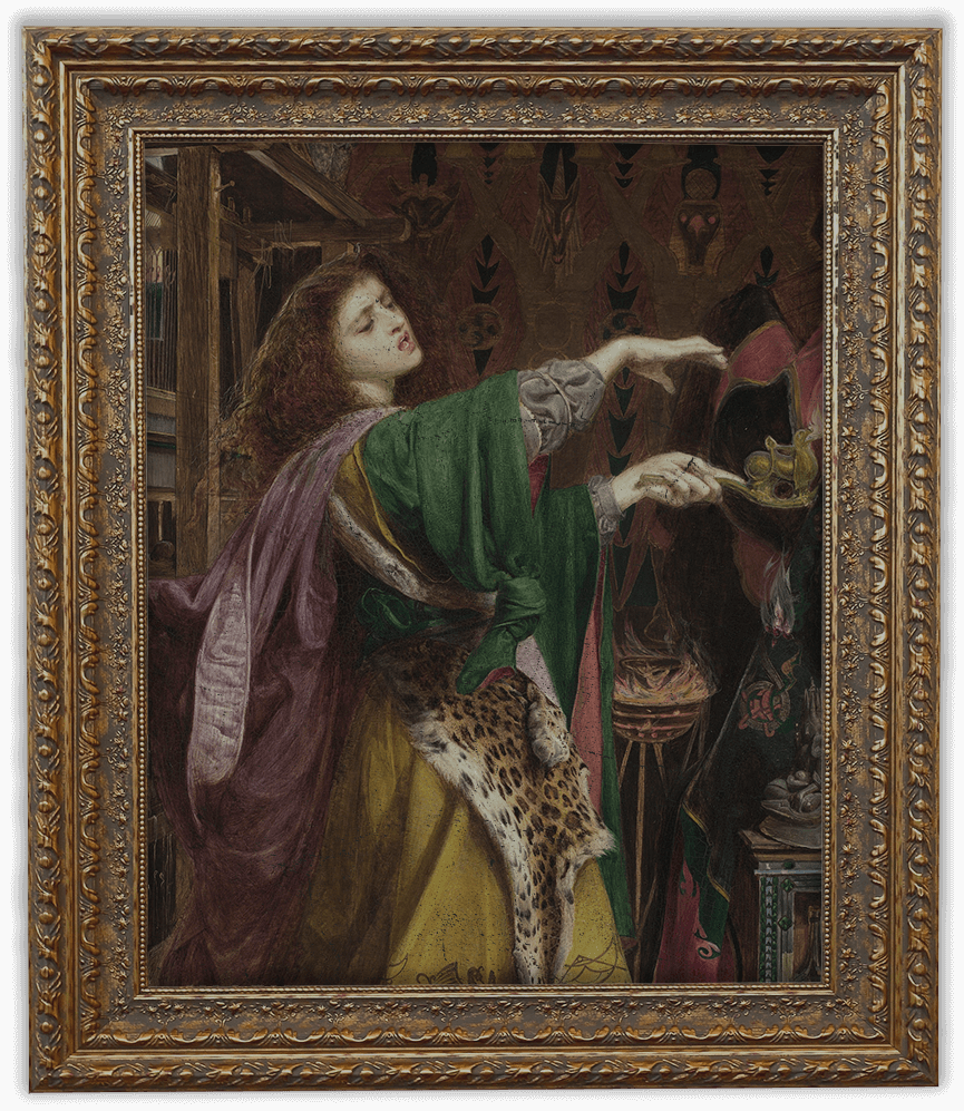 Framed painting of a woman clad in green, cheetah pelt selling wares.