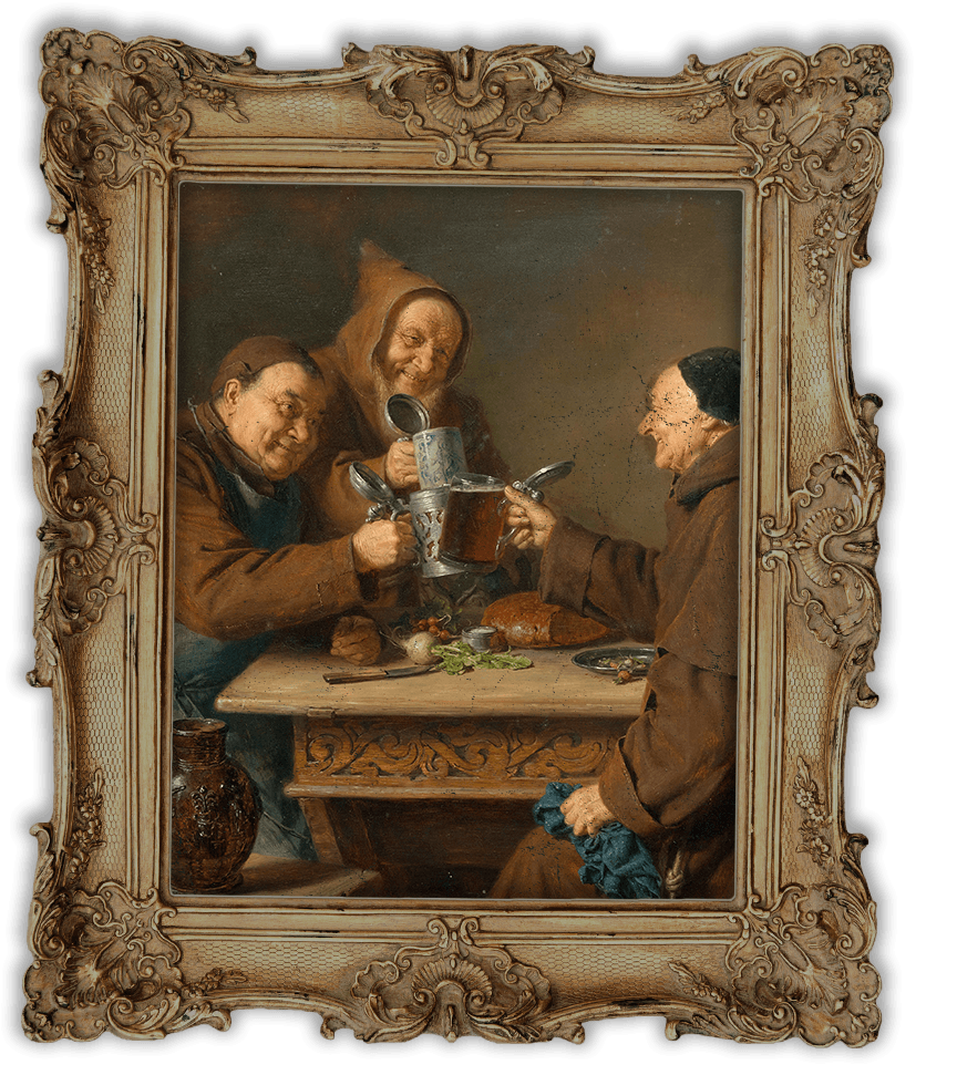 Framed painting of three peasants drinking beer.