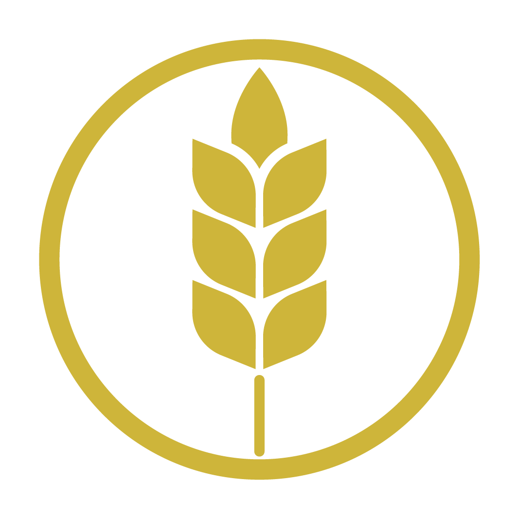 Golden wheat grain icon inside a circular border.