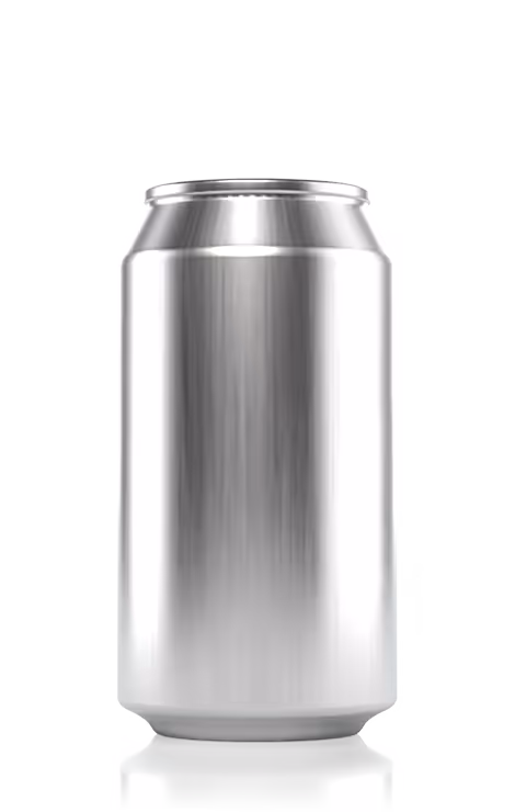 Blank metallic aluminum beverage can with reflection on white background.
