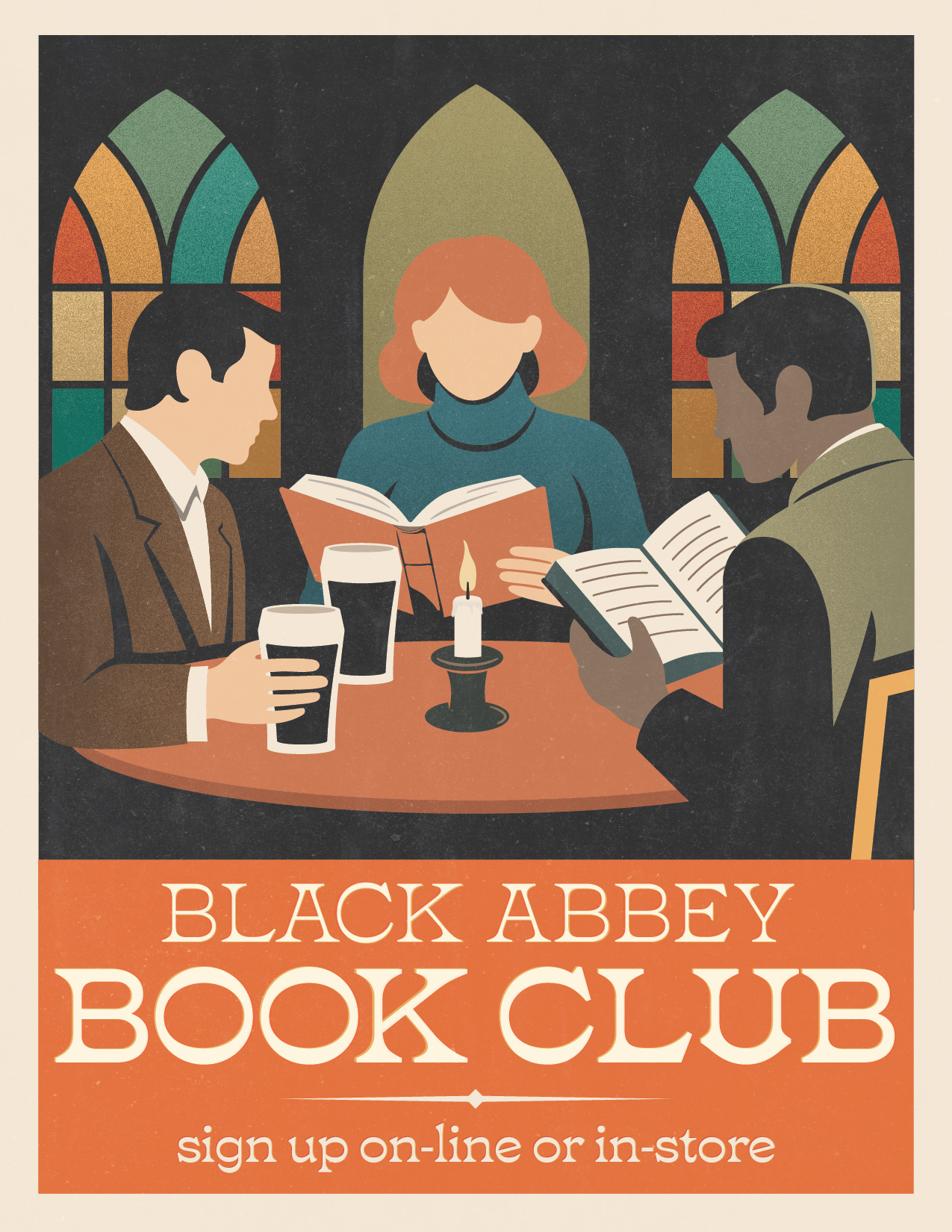 Illustration of three people reading books around a table with a candle, against a backdrop of stained glass windows, promoting the Black Abbey Book Club with sign-up options online or in-store.