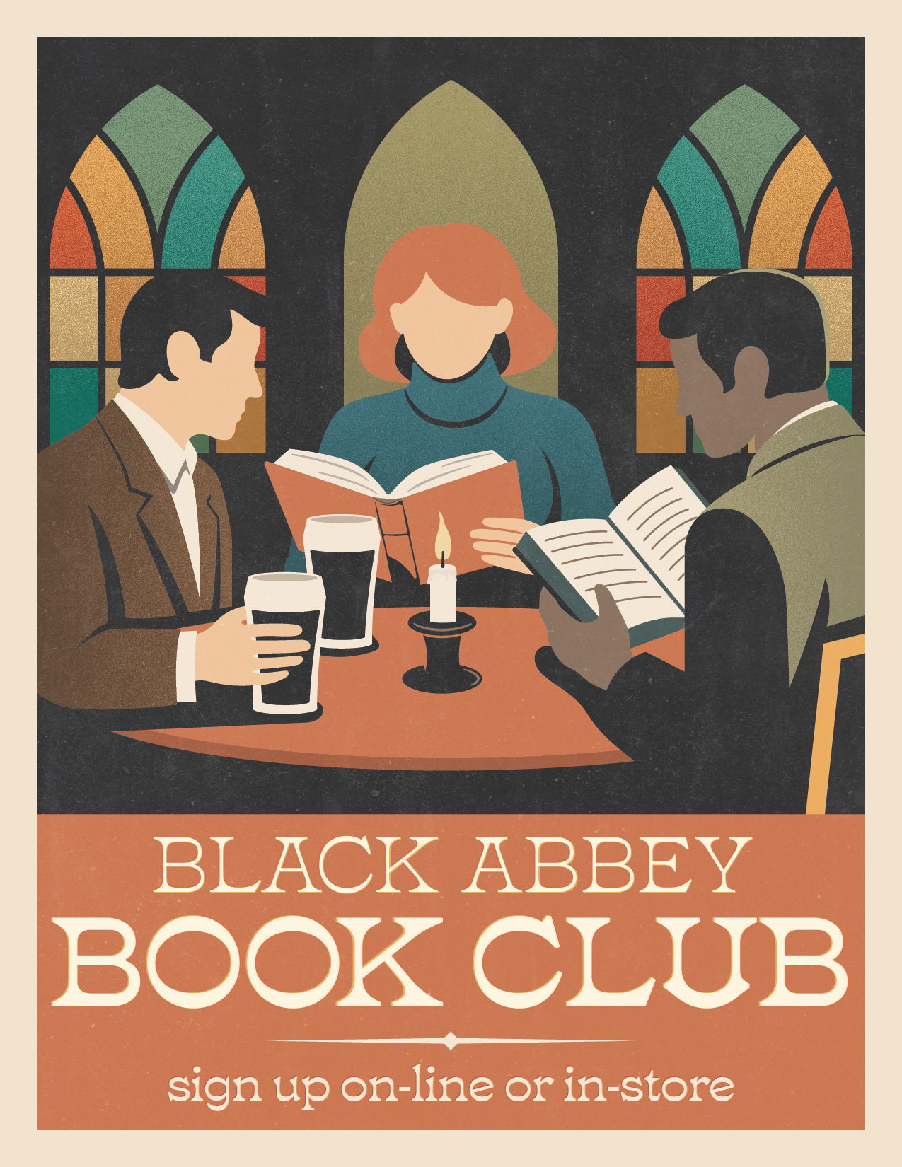 Illustration of three people sitting around a table with stained glass windows behind, reading books and holding glasses of beer, with text 'Black Abbey Book Club sign up on-line or in-store'.