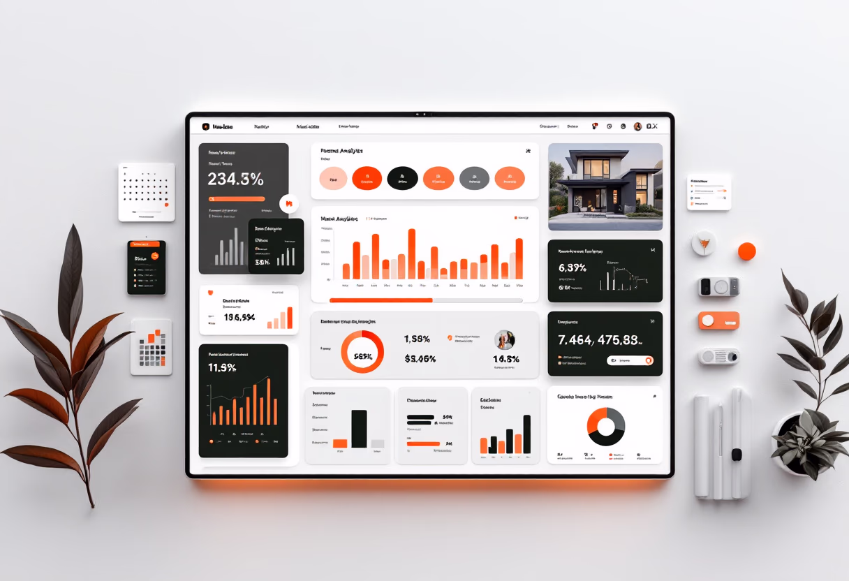 Top-down view of a tech workspace showing a large tablet displaying various financial and data analytics dashboards in orange, black, and white, flanked by modern tech gadgets and decorative plants on either side.