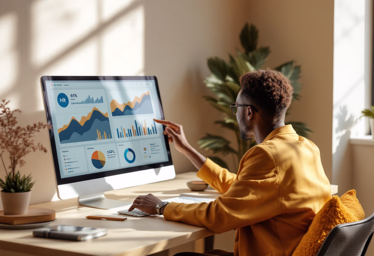 Man in a mustard blazer working on a desktop computer displaying colorful data charts in a sunlit modern office.