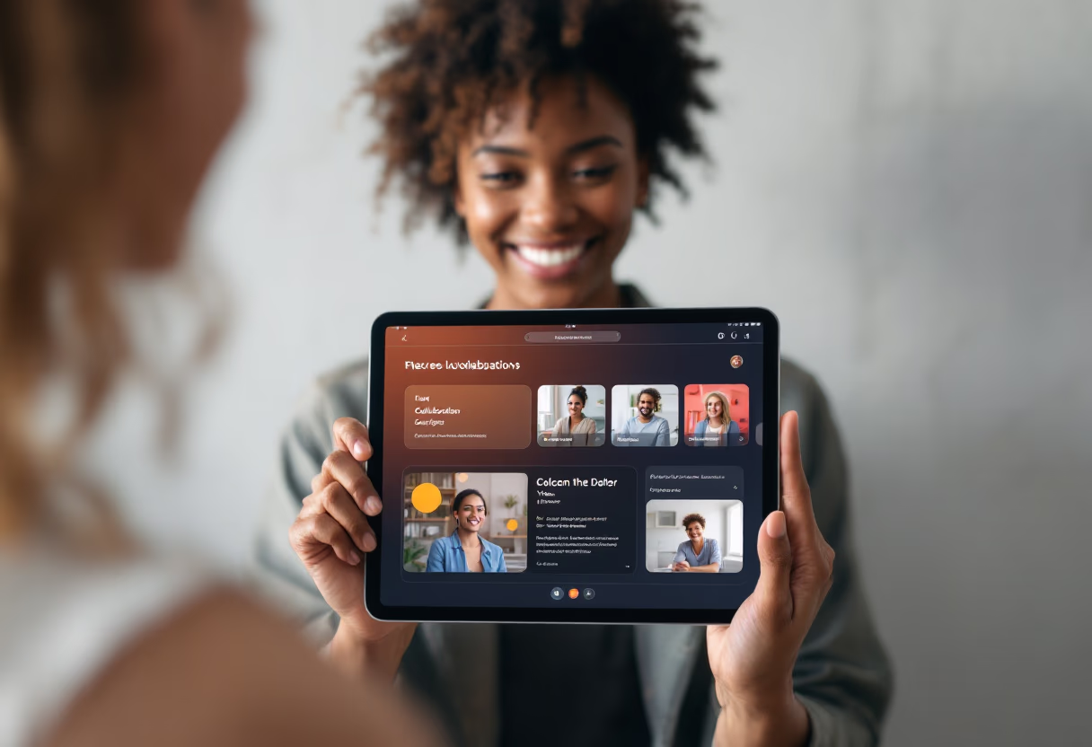 Smiling woman holding a tablet displaying a video call interface with five participants.