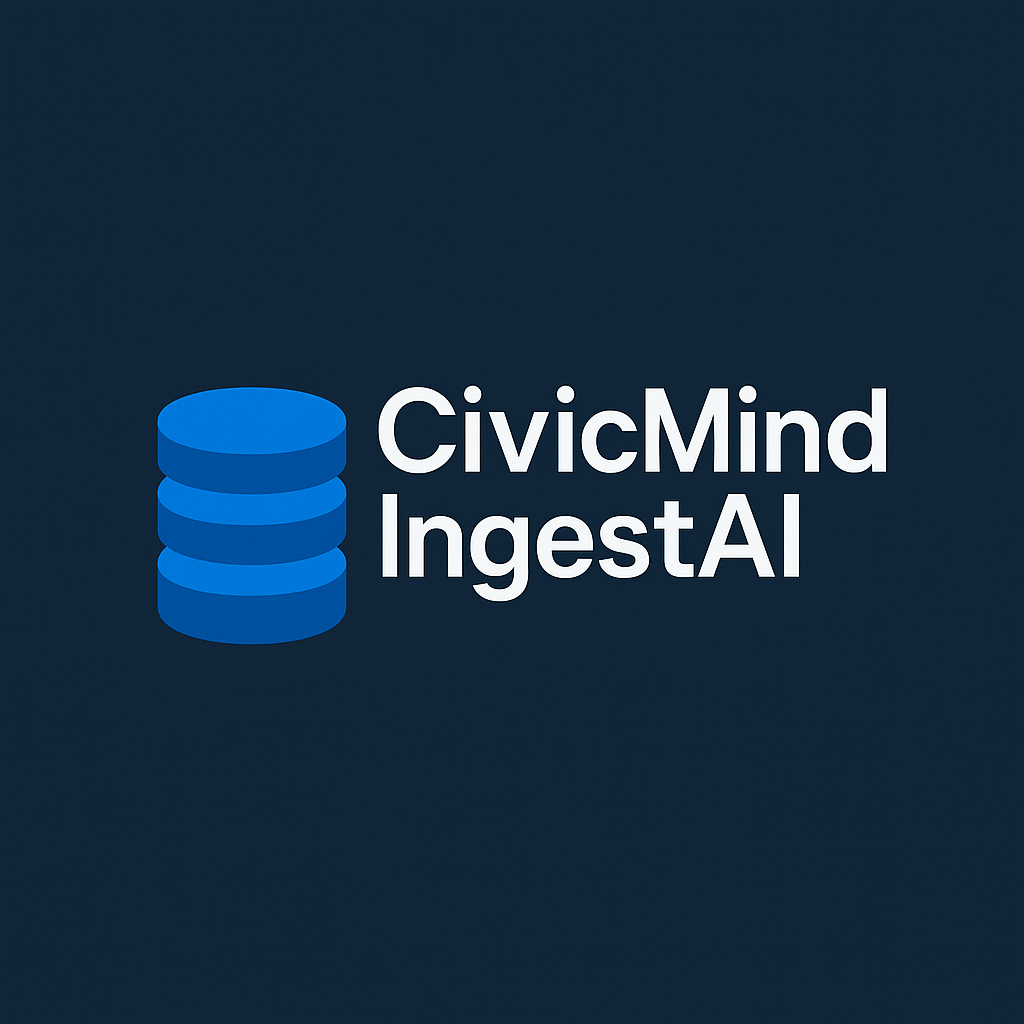 Blue stacked disk icon next to the text 'CivicMind IngestAI' on a dark blue background.