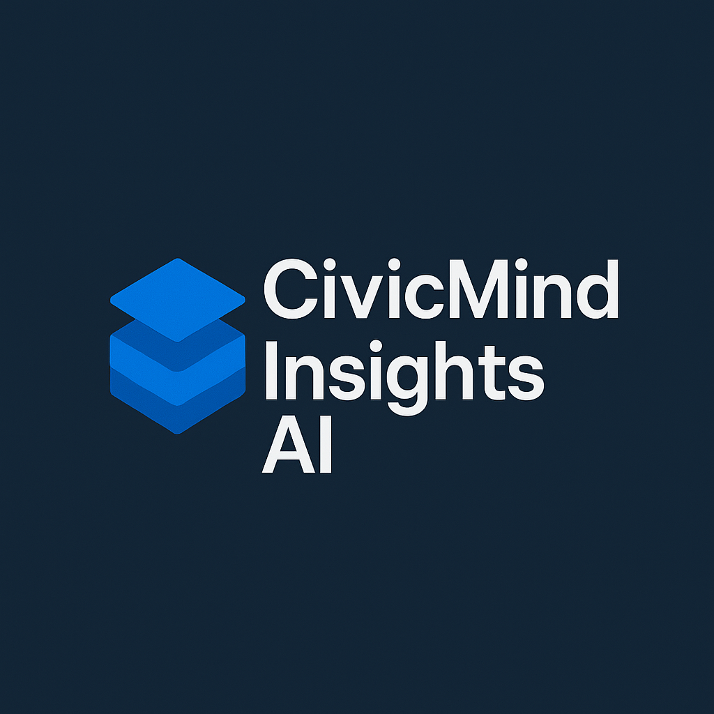 Logo of CivicMind Insights AI with three stacked blue layers and white text on dark background.