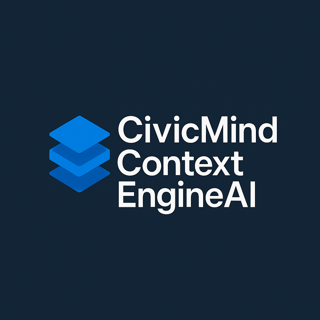 Logo with three stacked blue squares to the left of the text CivicMind Context EngineAI on a dark background.