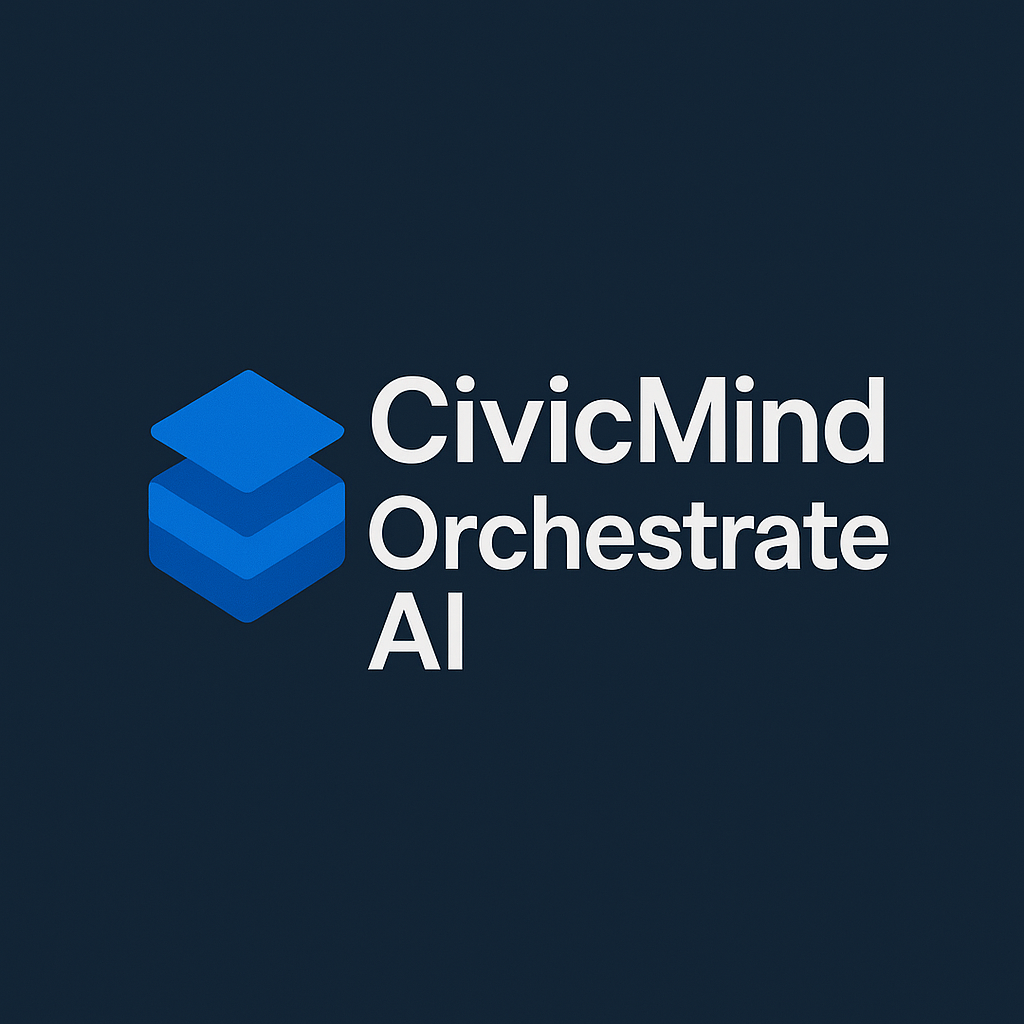 CivicMind Orchestrate AI logo with three stacked blue geometric shapes on dark background.