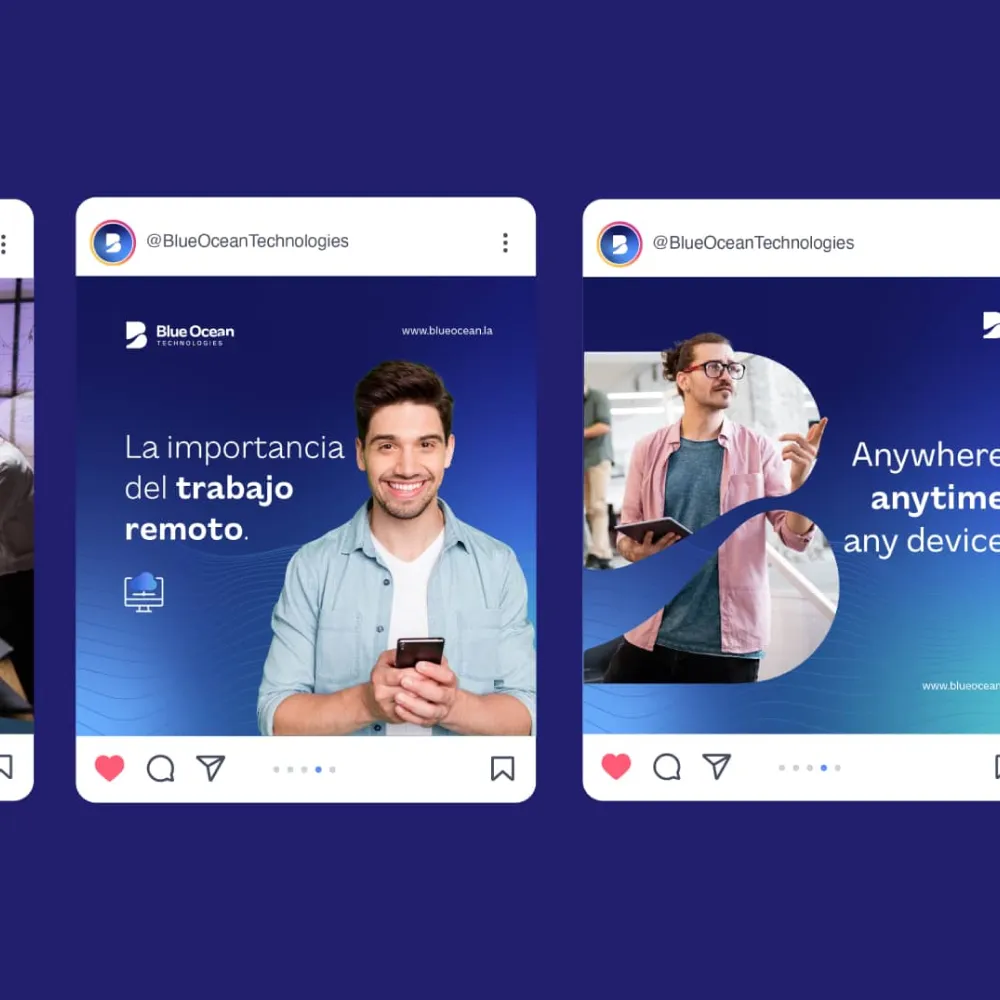 Dos publicaciones de Instagram de Blue Ocean Technologies sobre el trabajo remoto; una muestra a un hombre sonriendo con un teléfono y texto sobre la importancia del trabajo remoto, la otra muestra a un hombre con gafas y tablet señalando junto al texto Anywhere, anytime, any device. Servicio de branding, ubicación Lima, Perú.