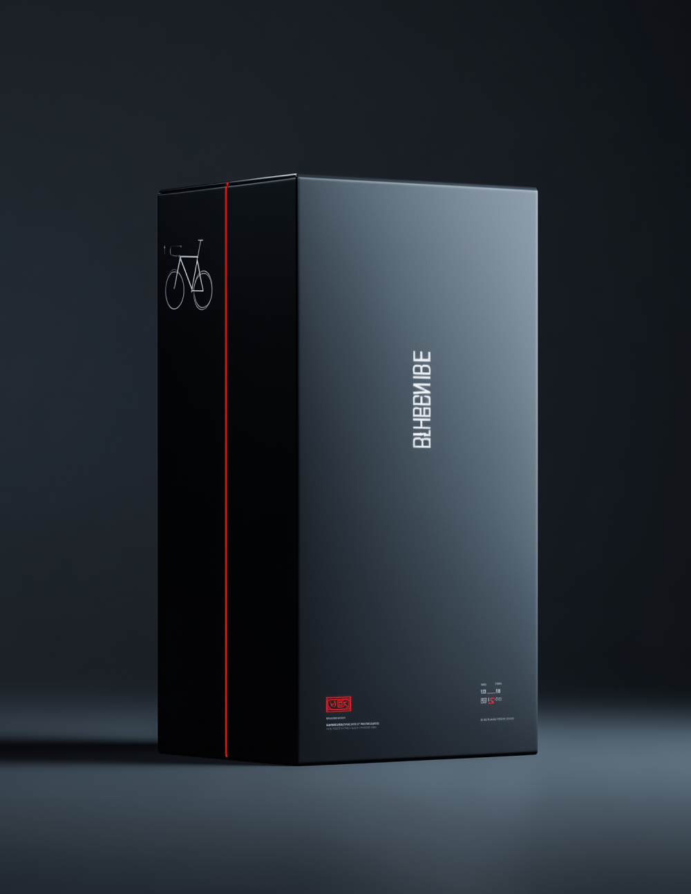 Caja negra elegante con diseño minimalista y líneas rojas finas, con ícono de bicicleta y texto blanco vertical. Vectorial Design - Spreed IA suscripción de diseño on demand