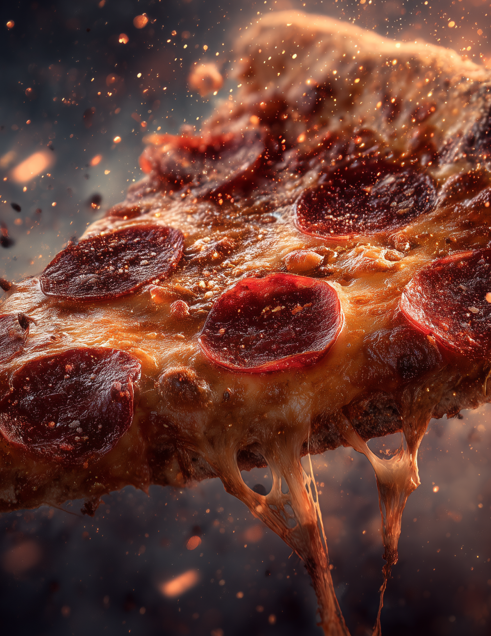 Rebanada de pizza con pepperoni y queso derretido estirándose en un fondo oscuro con partículas flotantes. Vectorial Design - Spreed IA suscripción de diseño on demand