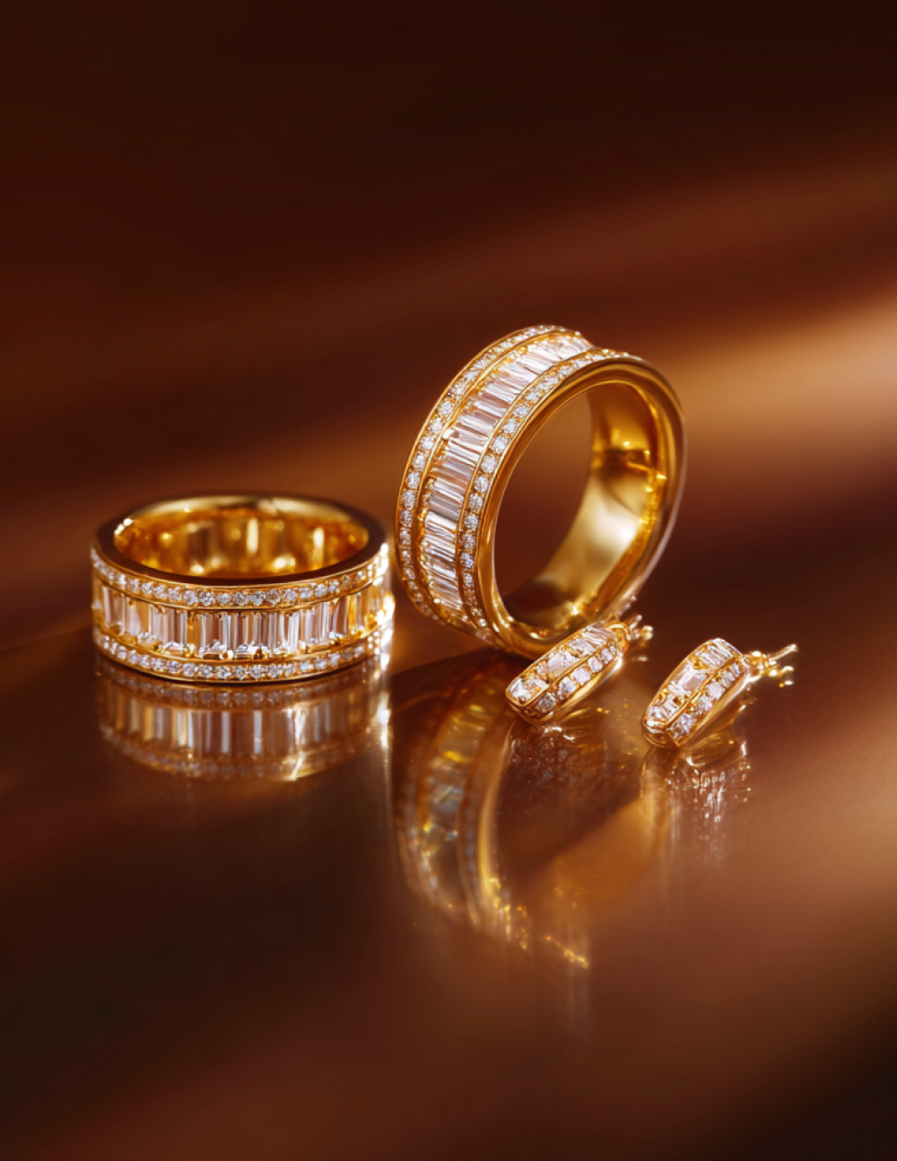 Conjunto de dos anillos y un par de pendientes de oro con piedras brillantes, reflejados sobre una superficie dorada. Vectorial Design - Spreed IA suscripción de diseño on demand