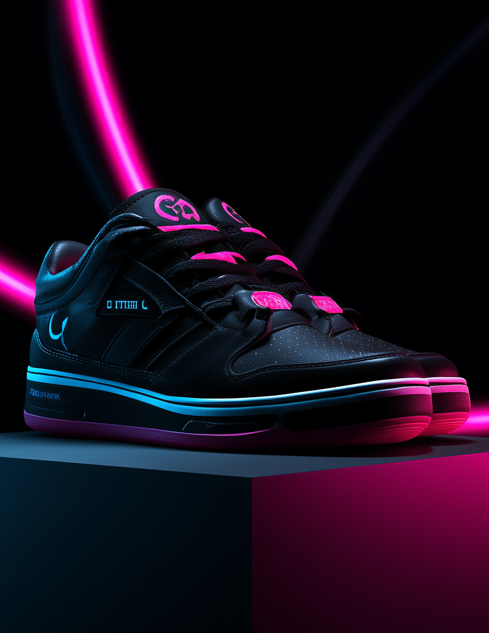 Un par de zapatillas negras con detalles en rosa neón y azul, iluminadas con luces rosa brillante sobre una plataforma oscura. Vectorial Design - Spreed IA suscripción de diseño on demand