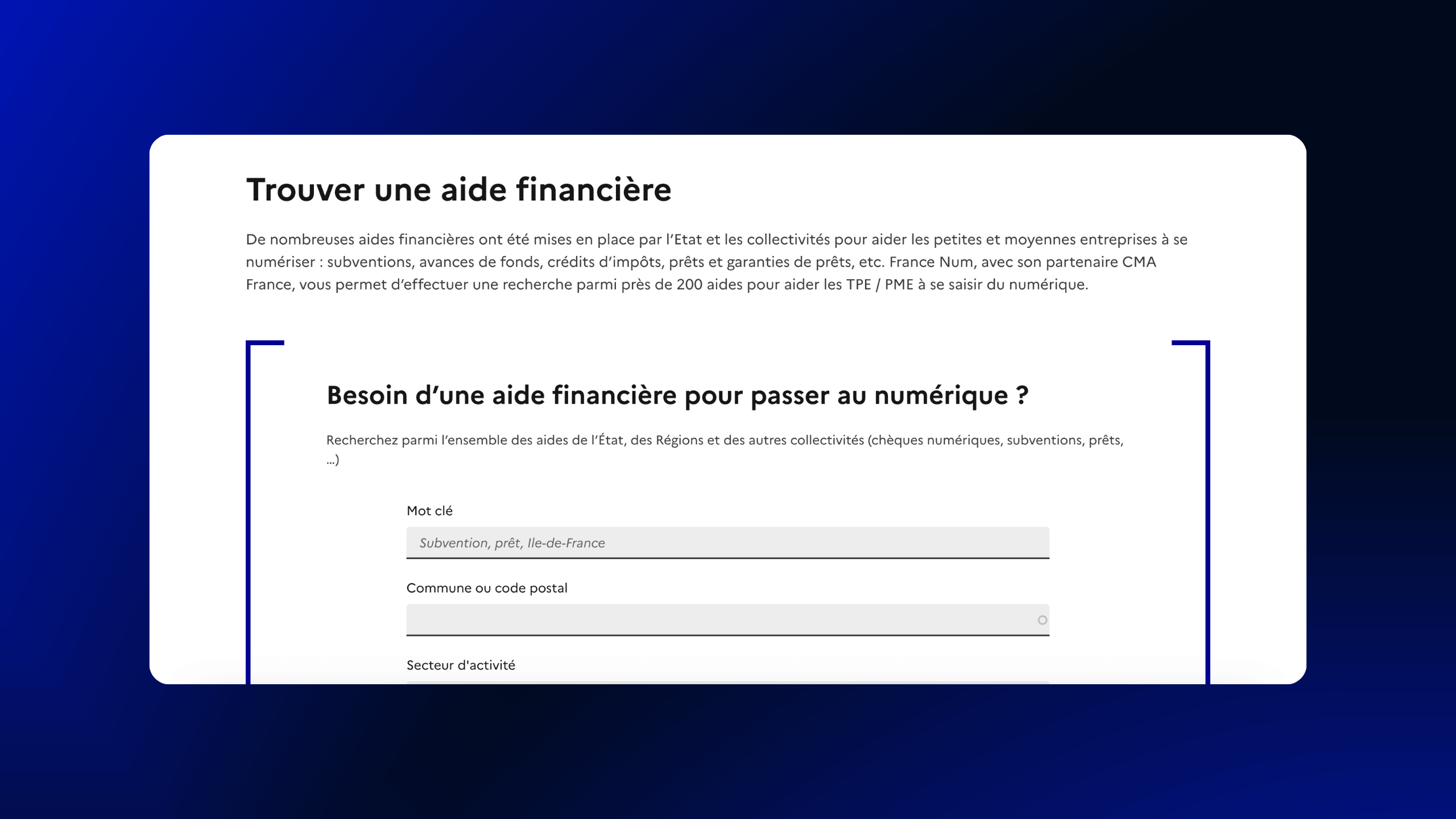 Page web avec un formulaire pour trouver une aide financière destinée aux petites et moyennes entreprises pour se numériser, incluant des champs pour mot clé, commune ou code postal, et secteur d'activité.