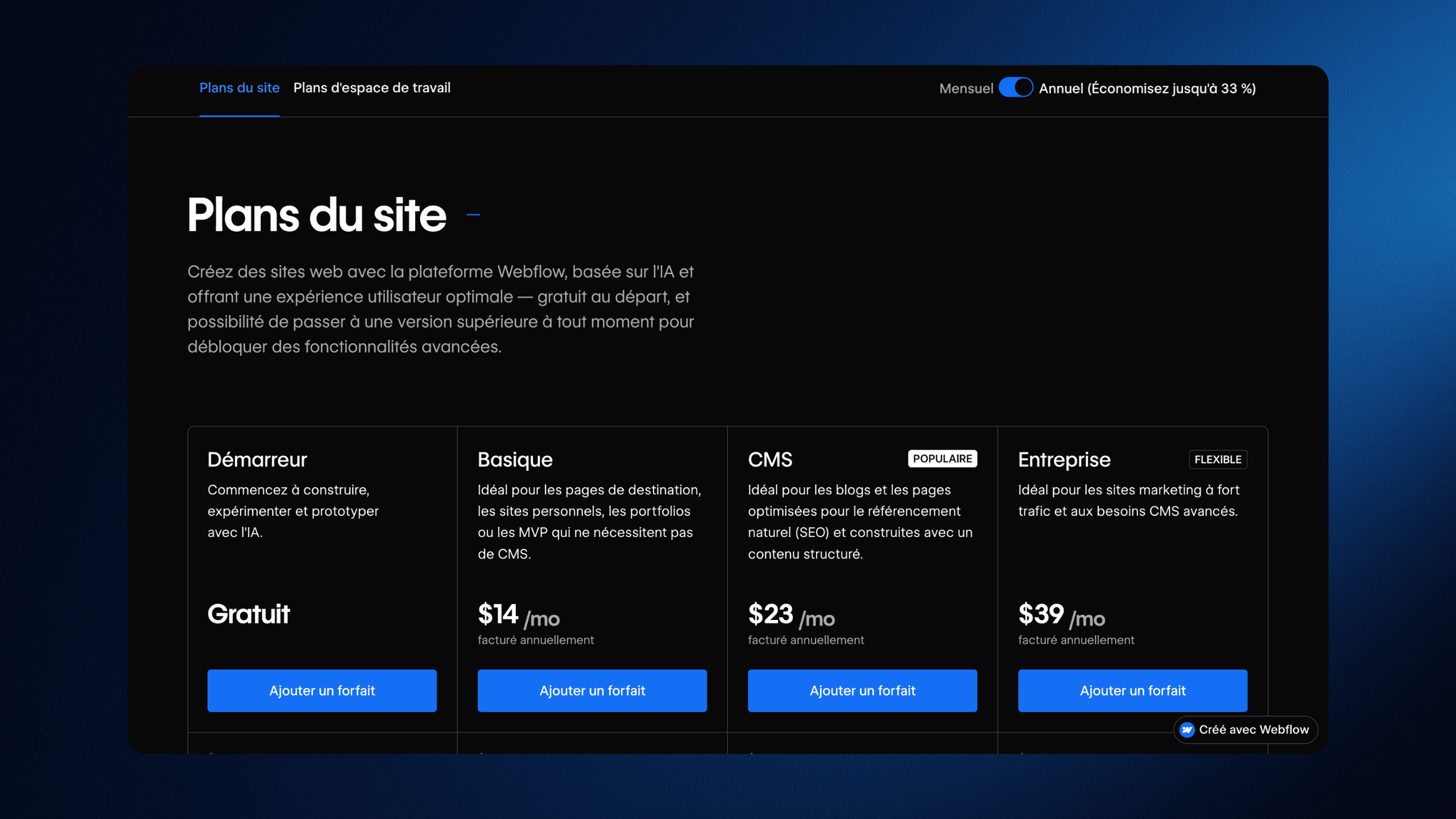 Tableau des plans du site Webflow avec options Démarreur gratuit, Basique à 14 $/mois, CMS populaire à 23 $/mois, et Entreprise flexible à 39 $/mois, facturés annuellement.