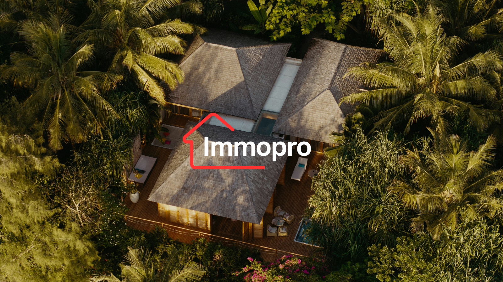 Vue aérienne d'une maison en bois entourée de palmiers et de végétation dense.