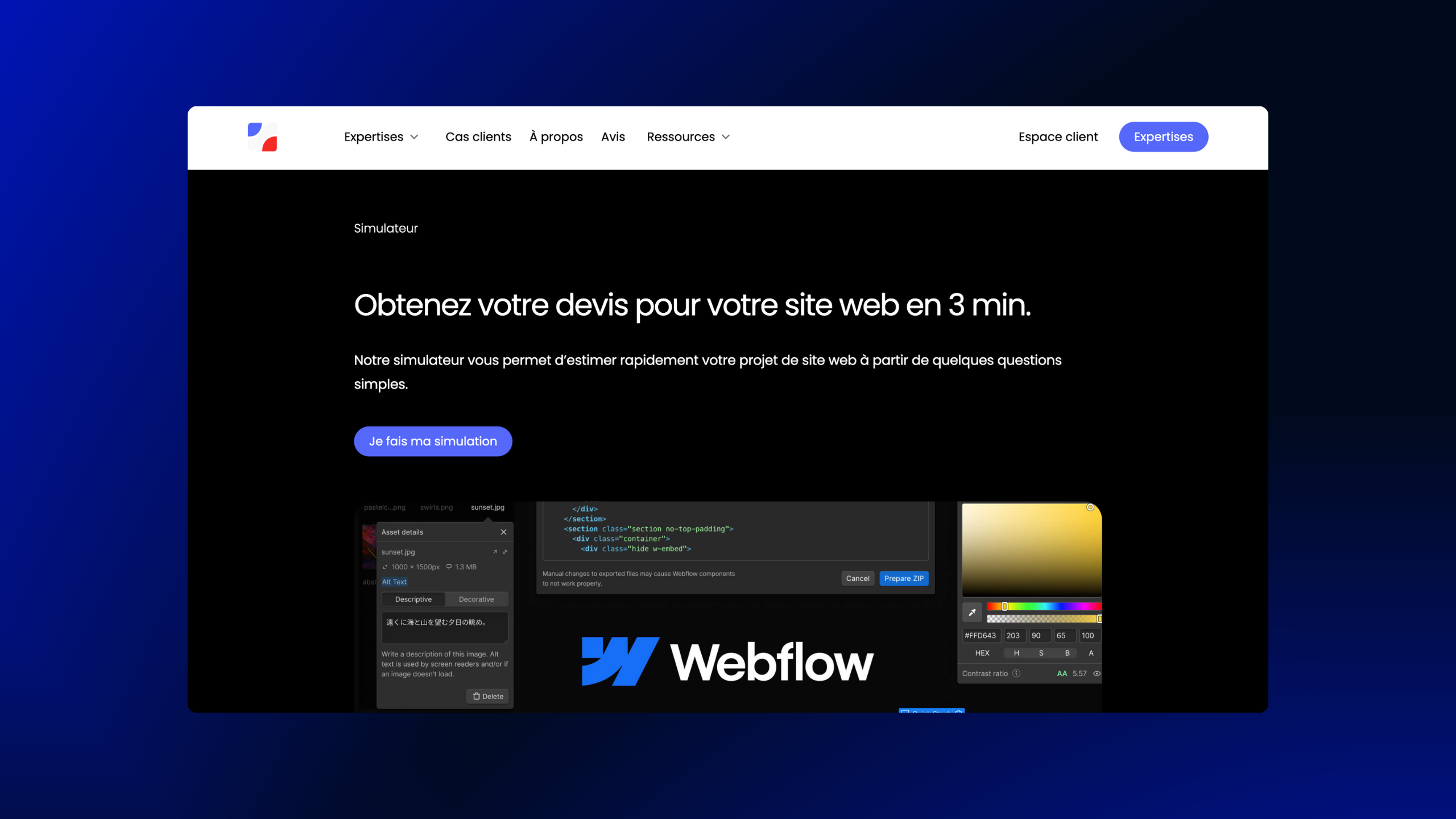 Page web en français avec un simulateur pour obtenir un devis en 3 minutes, bouton bleu « Je fais ma simulation » et logo Webflow en bas.