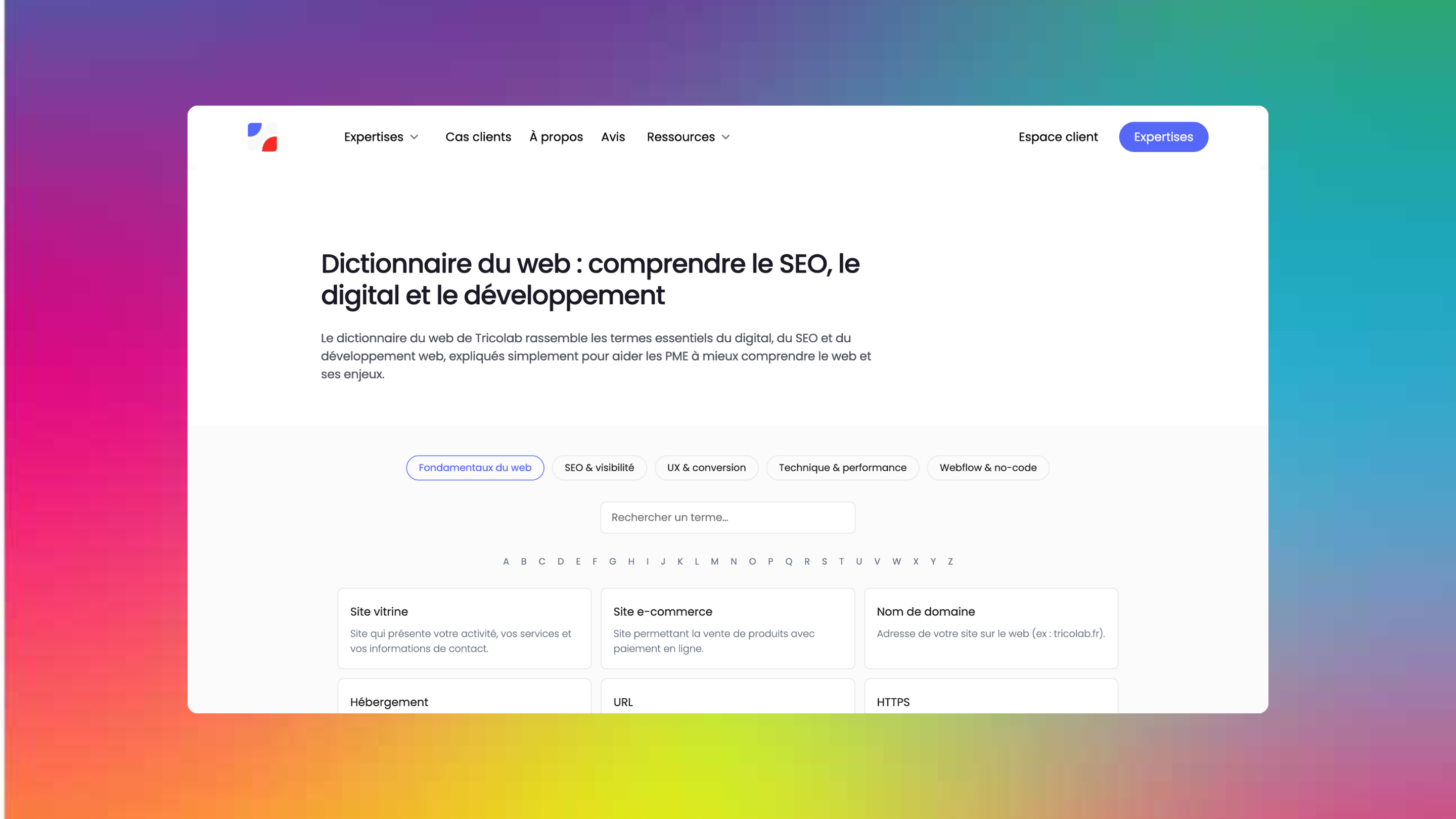 Page du dictionnaire du web avec définitions du SEO, digital et développement pour aider les PME, présentant des catégories comme SEO, UX, technique et une barre de recherche des termes.