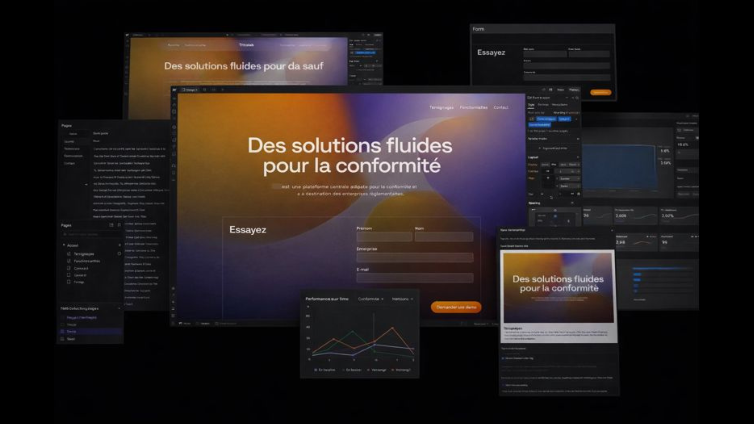 Interfaces d’une plateforme digitale avec formulaire de contact, graphiques de performance et menu de navigation, sur fond dégradé orange et violet.