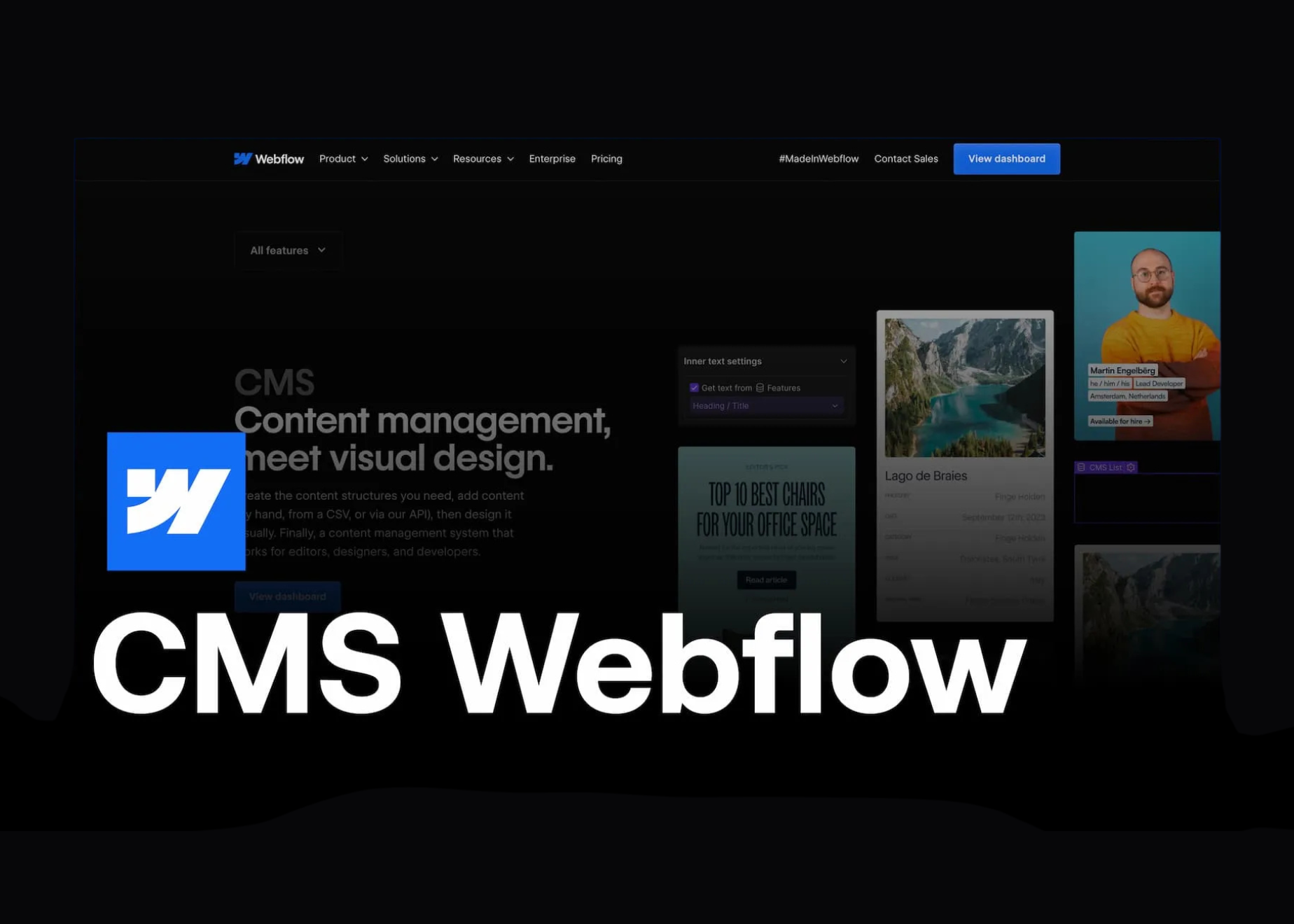 Page d'accueil de CMS Webflow montrant une interface de gestion de contenu avec un aperçu visuel et un développeur présenté.