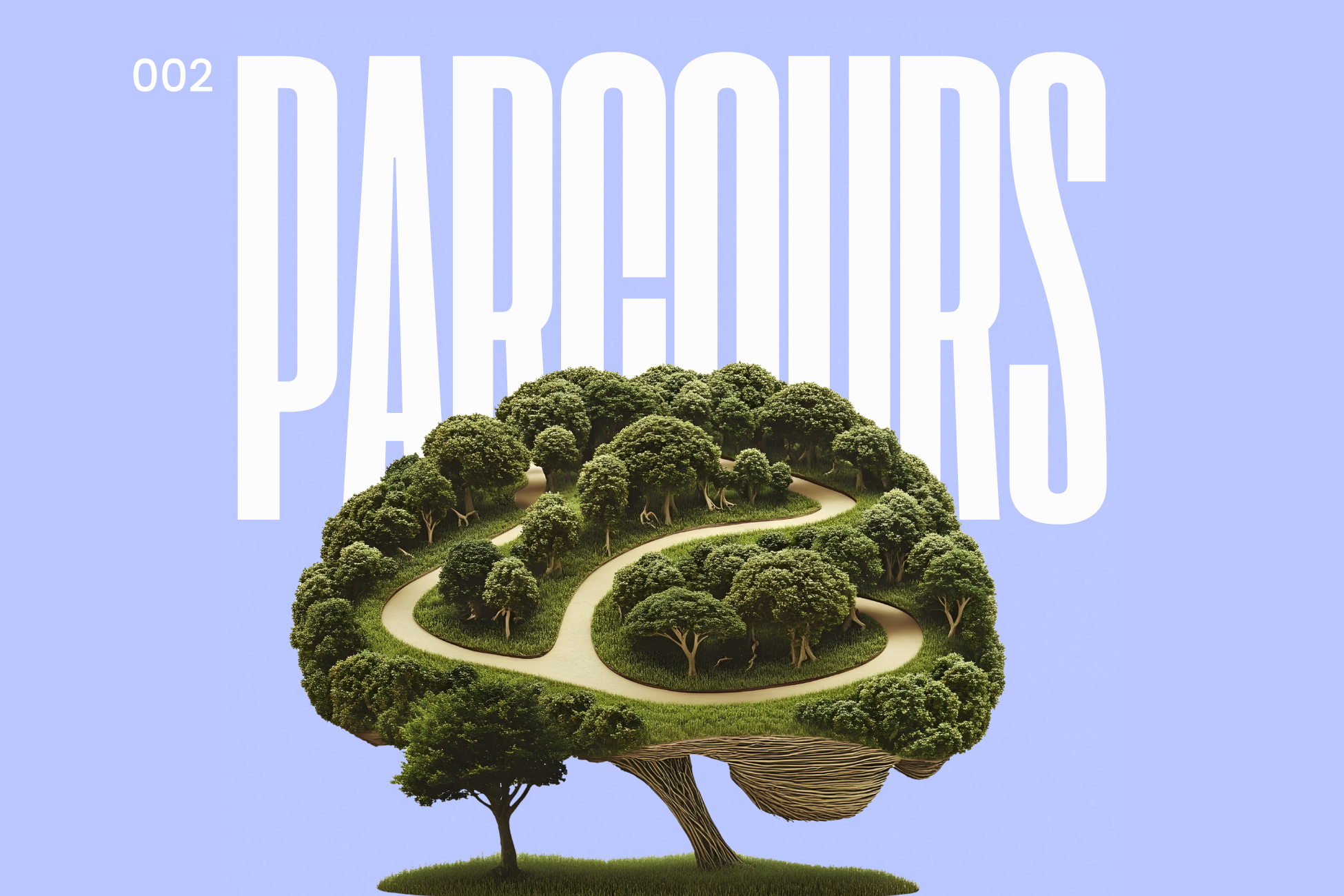 Illustration d'un cerveau formé par des arbres et des chemins sinueux, sur fond bleu avec le mot 'PARCOURS' en blanc en majuscules.