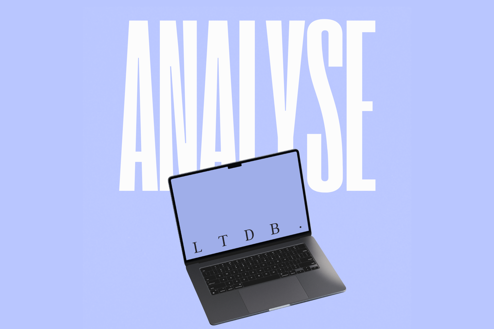 Ordinateur portable noir ouvert avec fond bleu clair et mot ANALYSE en lettres blanches très grandes.