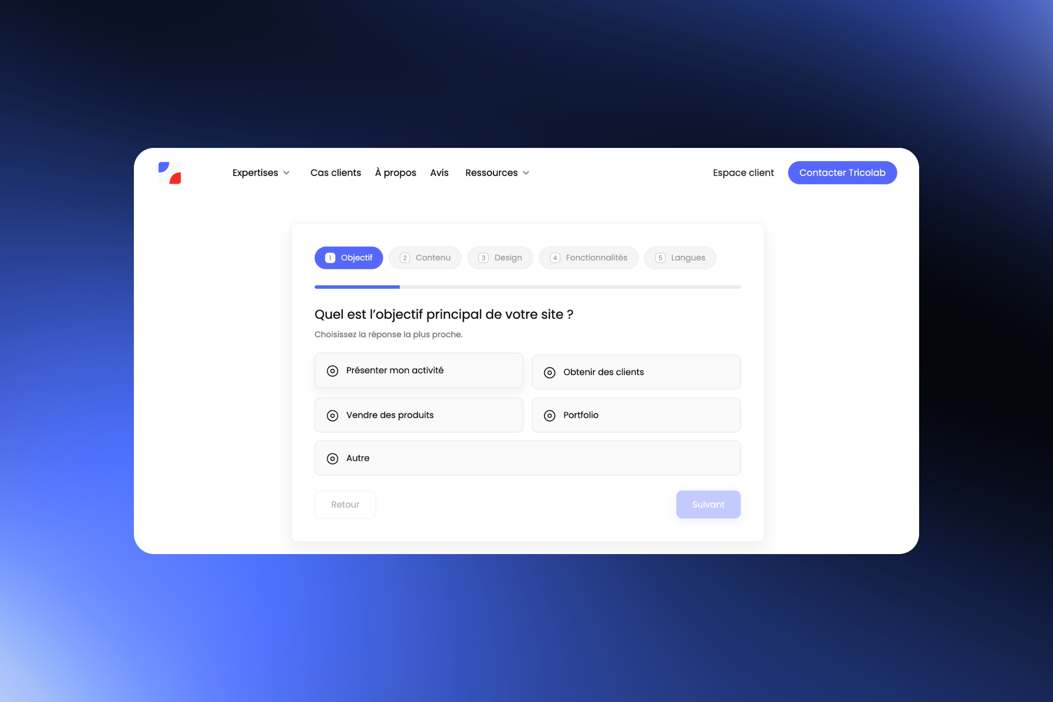 Page web avec un formulaire demandant l'objectif principal du site, options incluant présenter mon activité, obtenir des clients, vendre des produits, portfolio et autre.