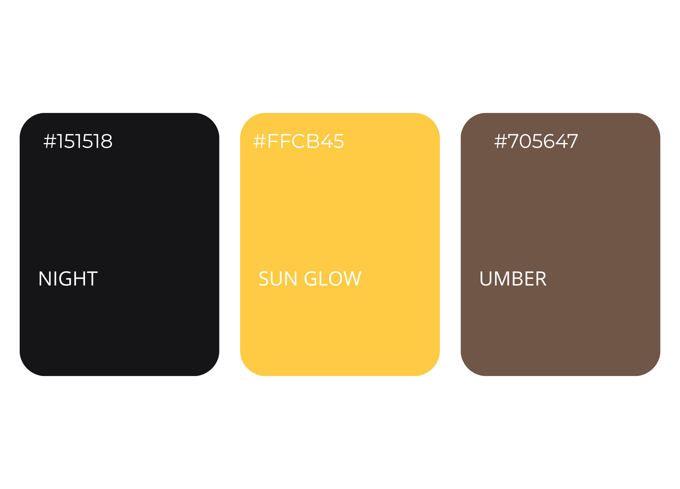 Trois carrés de couleurs avec codes hexadécimaux et noms: noir (Night #151518), jaune doré (Sun Glow #FFCB45), marron (Umber #705647).