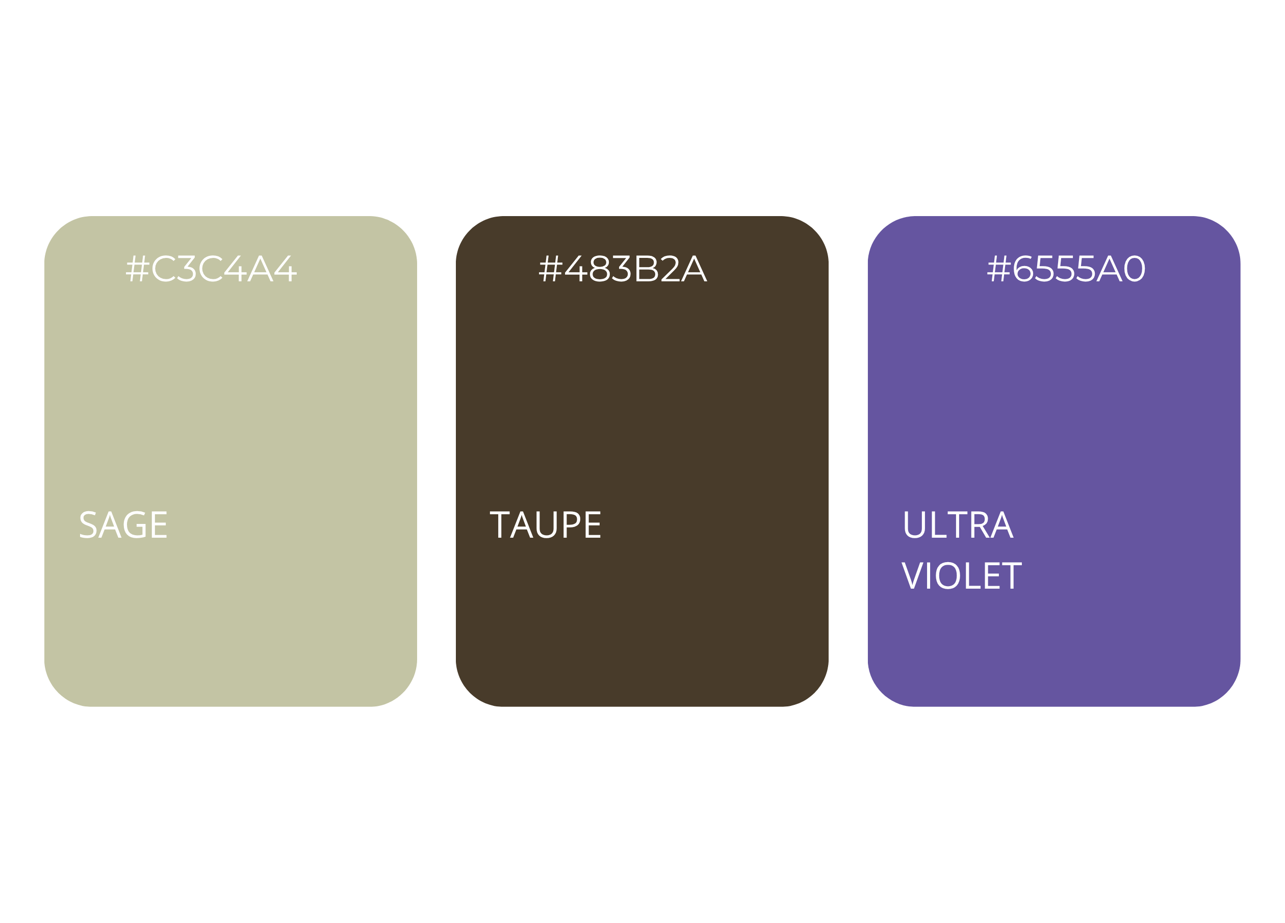 Trois carrés de couleur avec codes hexadécimaux : sauge #C3C4A4, taupe #483B2A, et violet ultra #6555A0.