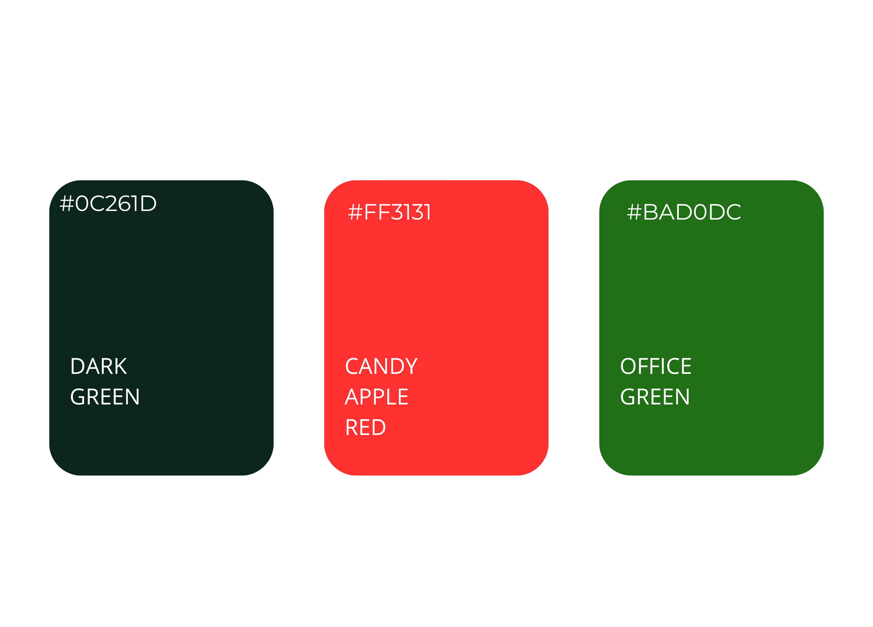 Trois carrés arrondis affichant des codes couleur avec noms: vert foncé #0C261D, rouge pomme bonbon #FF3131, vert bureau #BAD0DC.