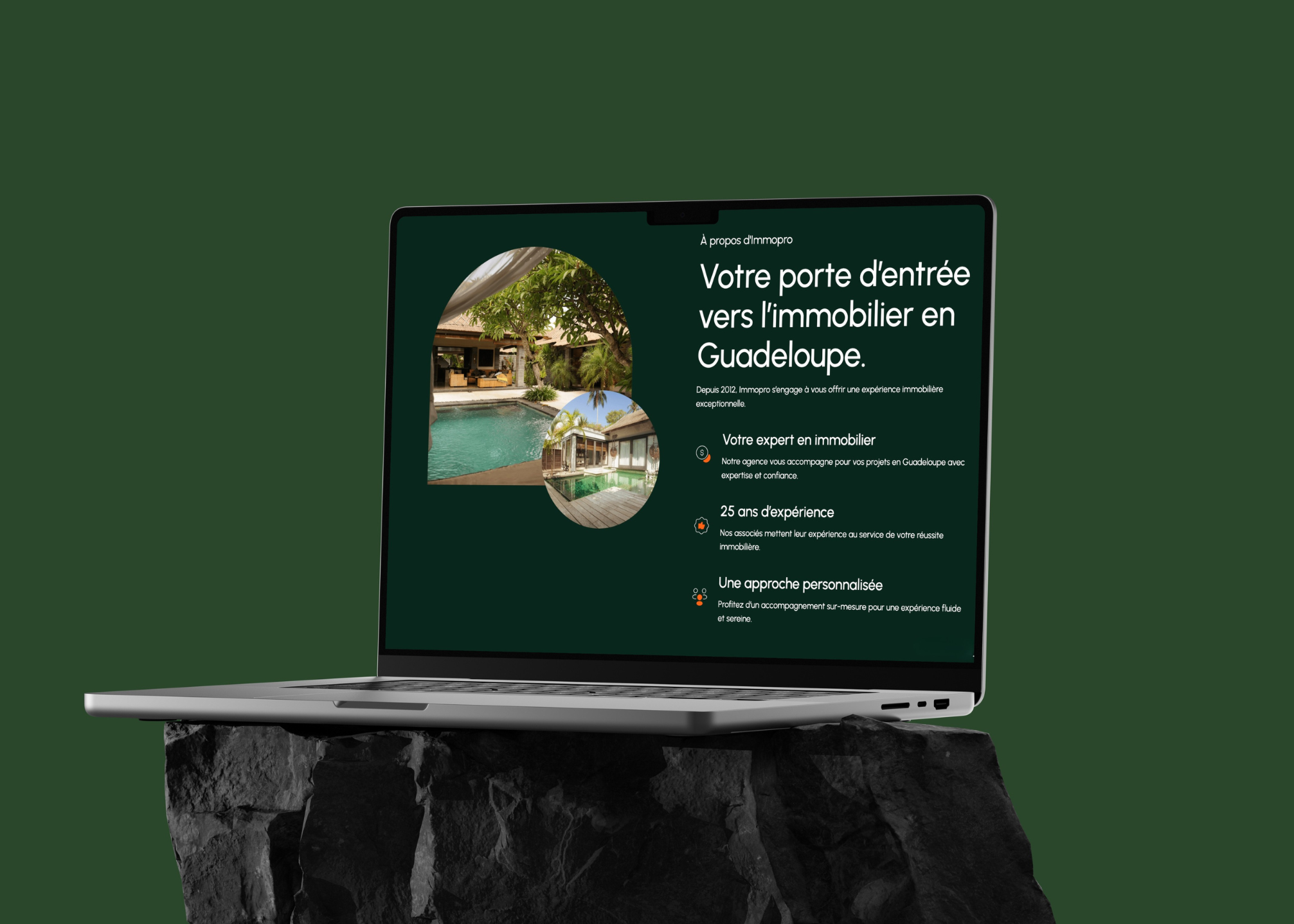 Ordinateur portable affichant un site immobilier en Guadeloupe avec photos de maisons et texte en français.