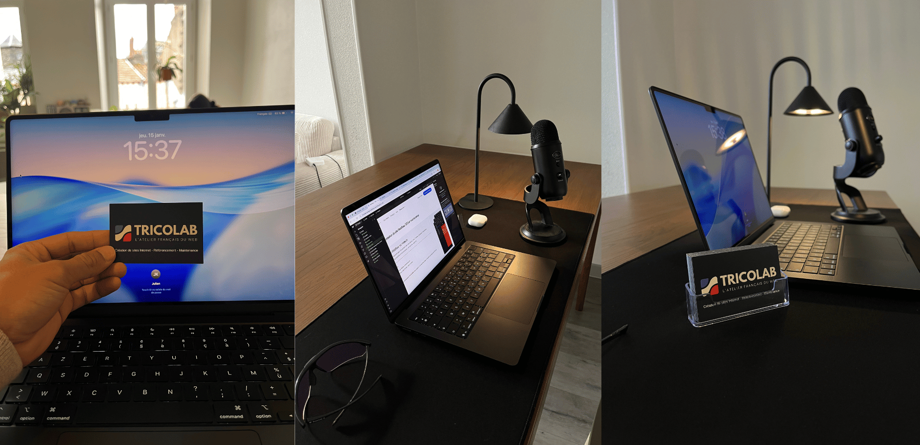 Bureau avec ordinateur portable noir affichant des écrans variés, microphone de bureau noir, lampe de bureau moderne, et carte de visite TRICOLAB.