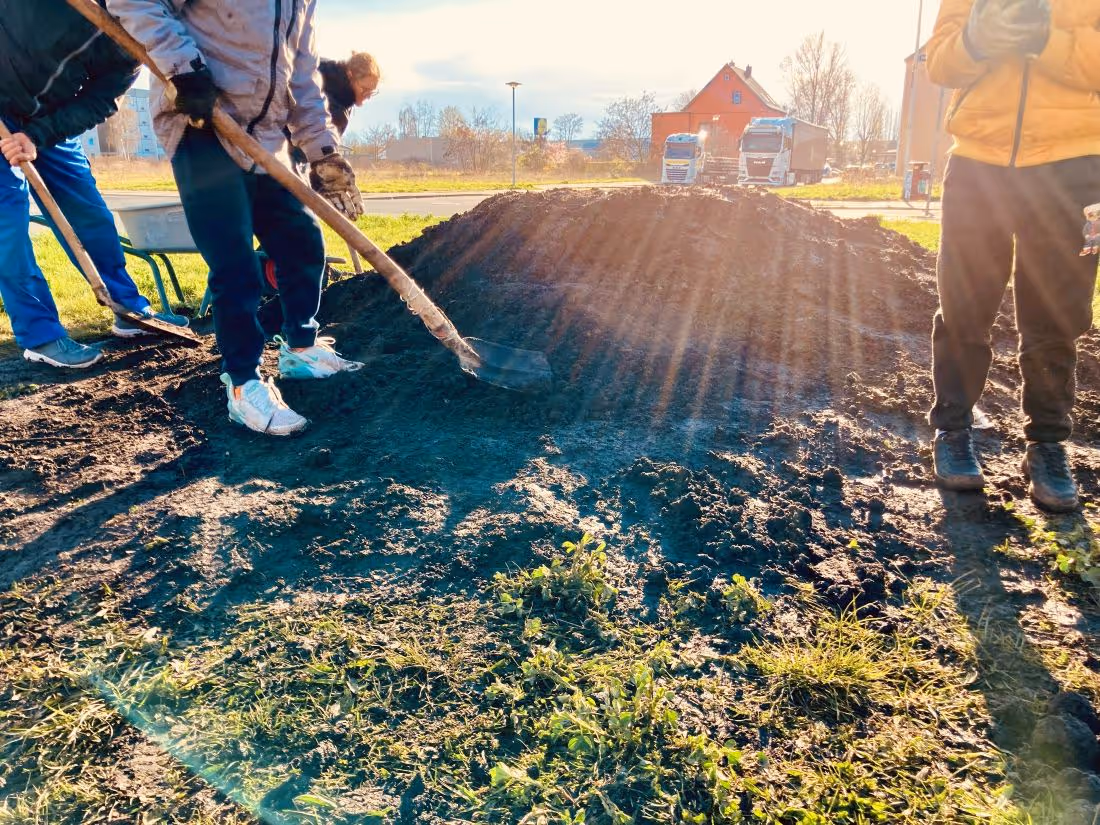 Menschen mit Schaufeln graben eine Grünfläche um
