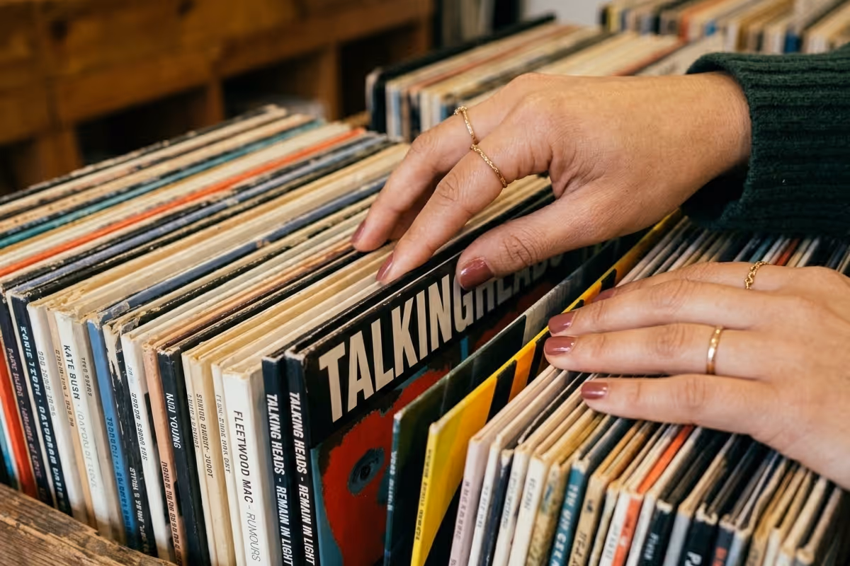 Eine Frauhand blättert durch eine Kiste mit Schallplatten. 