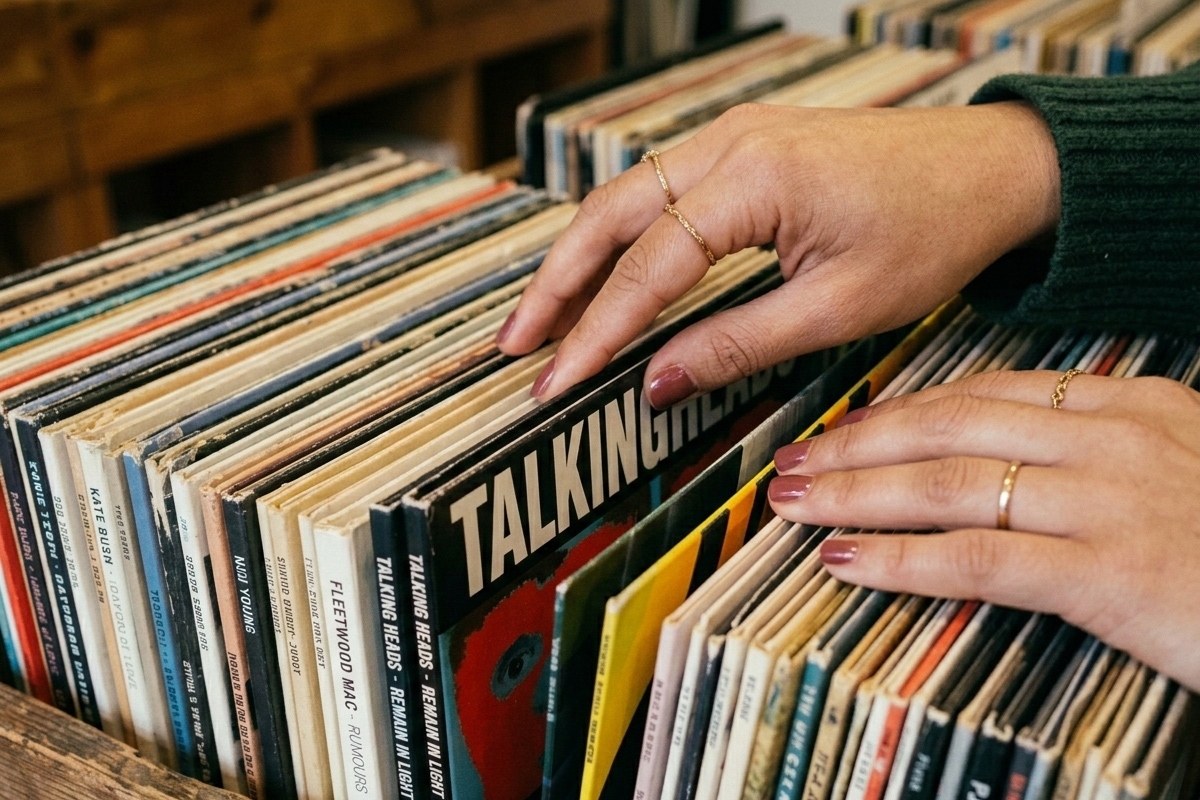 Eine Frauhand blättert durch eine Kiste mit Schallplatten. 