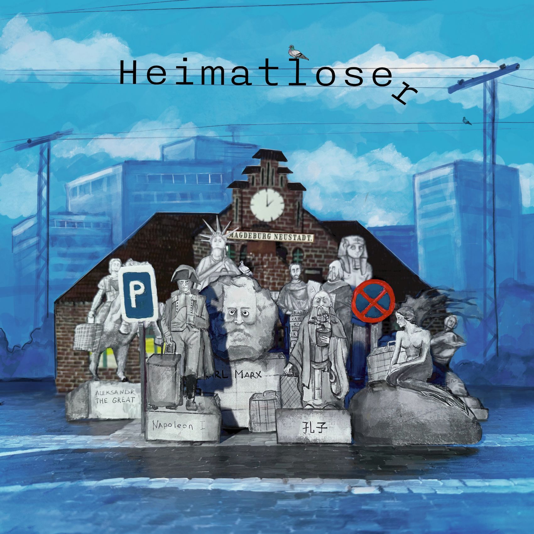 Titelgrafik des Theaterstücks Heimatloser: mehrere Denkmäler vor dem Bahnhof Neustadt