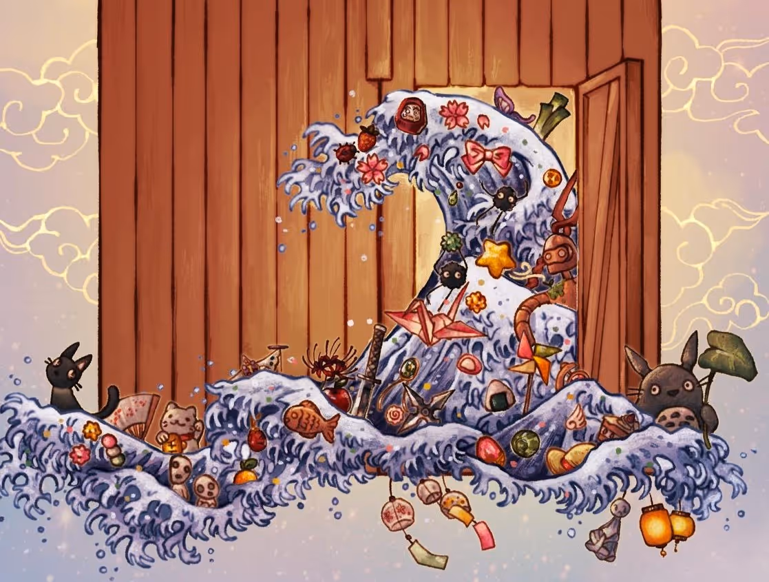 Abegebildet ist das gezeichnete Anime-Tag Poster. Darauf ist das Moritzhof-Logo, aus dem eine Welle schwabt, auf welcher sich viele Sachen aus verschiedenen Animes befinden.